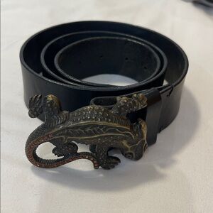 Emporio Armani Black Leather Embossed Belt Brass Lizard Belt Buckle Mens
